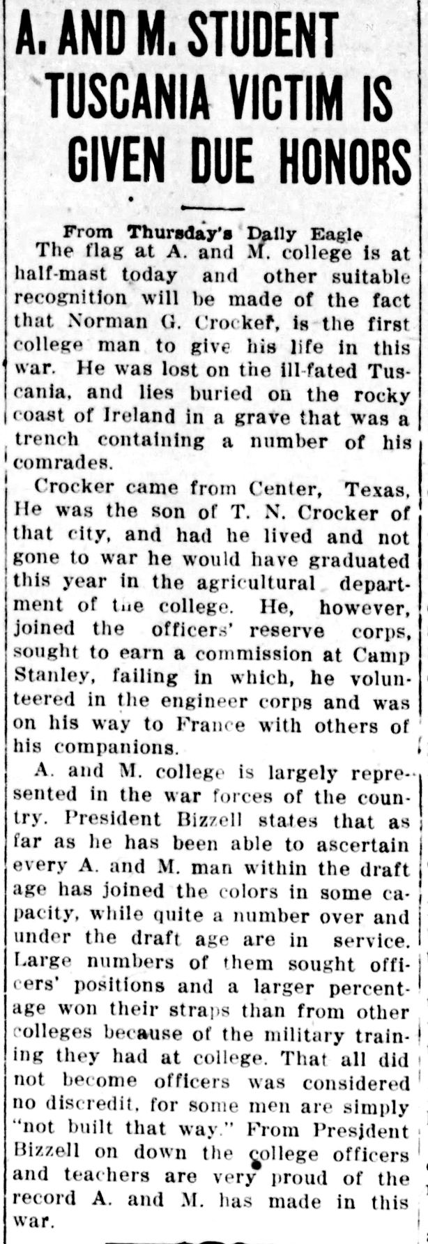 Norman G. Crocker — first Aggie death of WWI